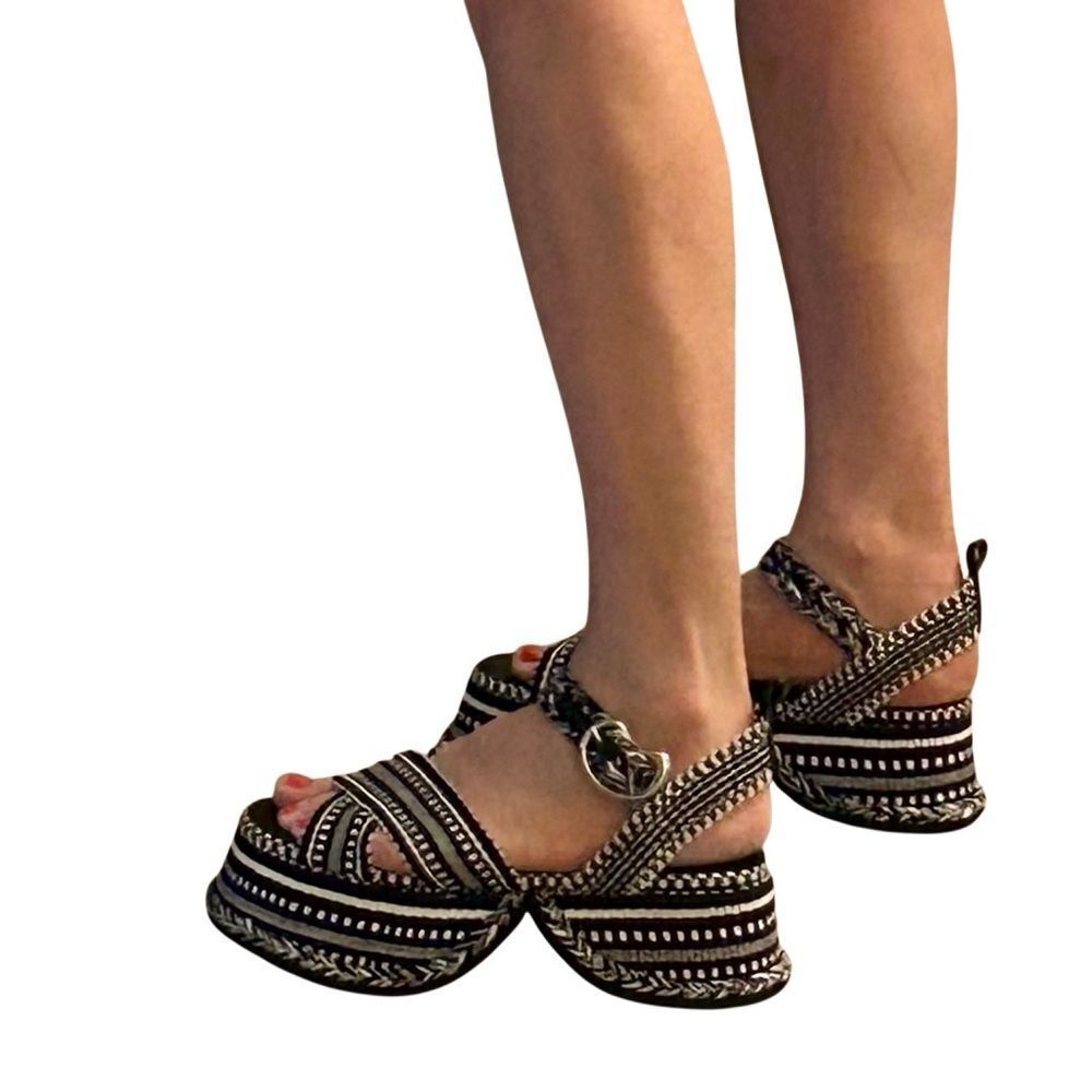 Amambaih Beatriz Platform Sandal Tapestry Noche Black White Blue Meril 40 9 - Picture 6 of 14